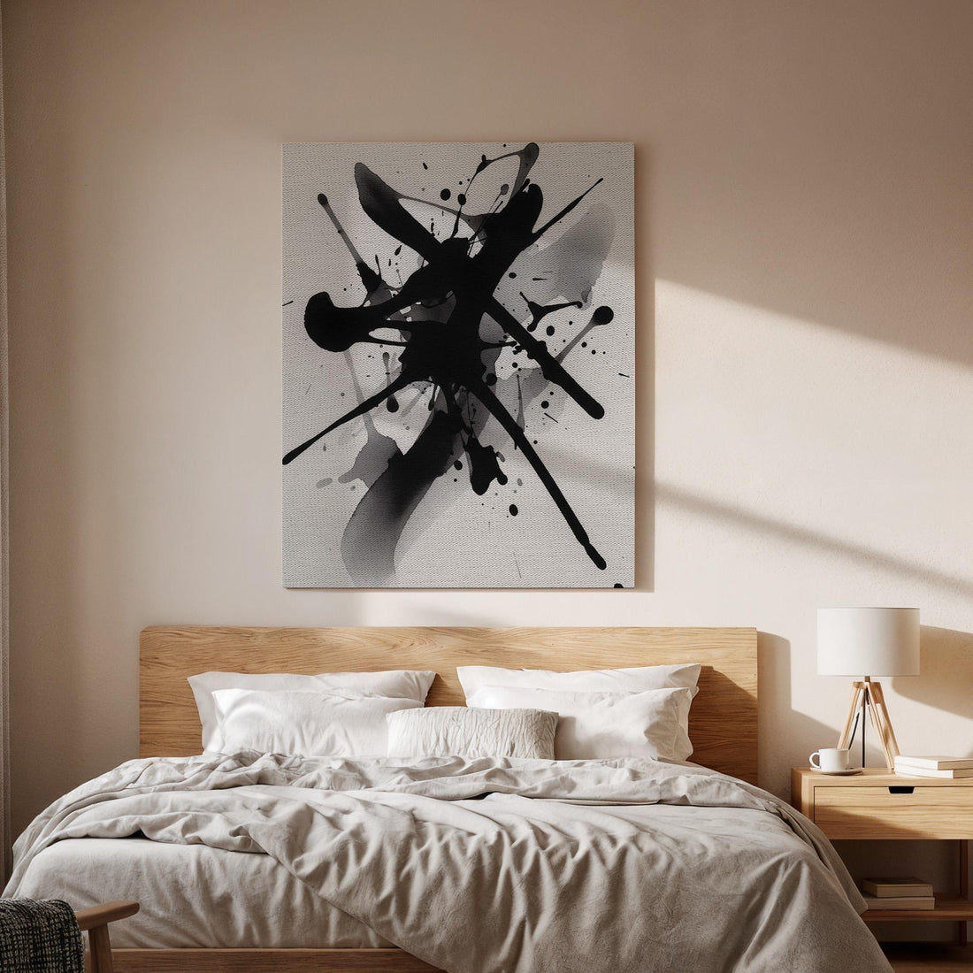 Abstract Ink Splash Canvas Art, Black White Modern Wall Decor, Expressive Minimal Interior Style, Contemporary Framed Canvas Artwork