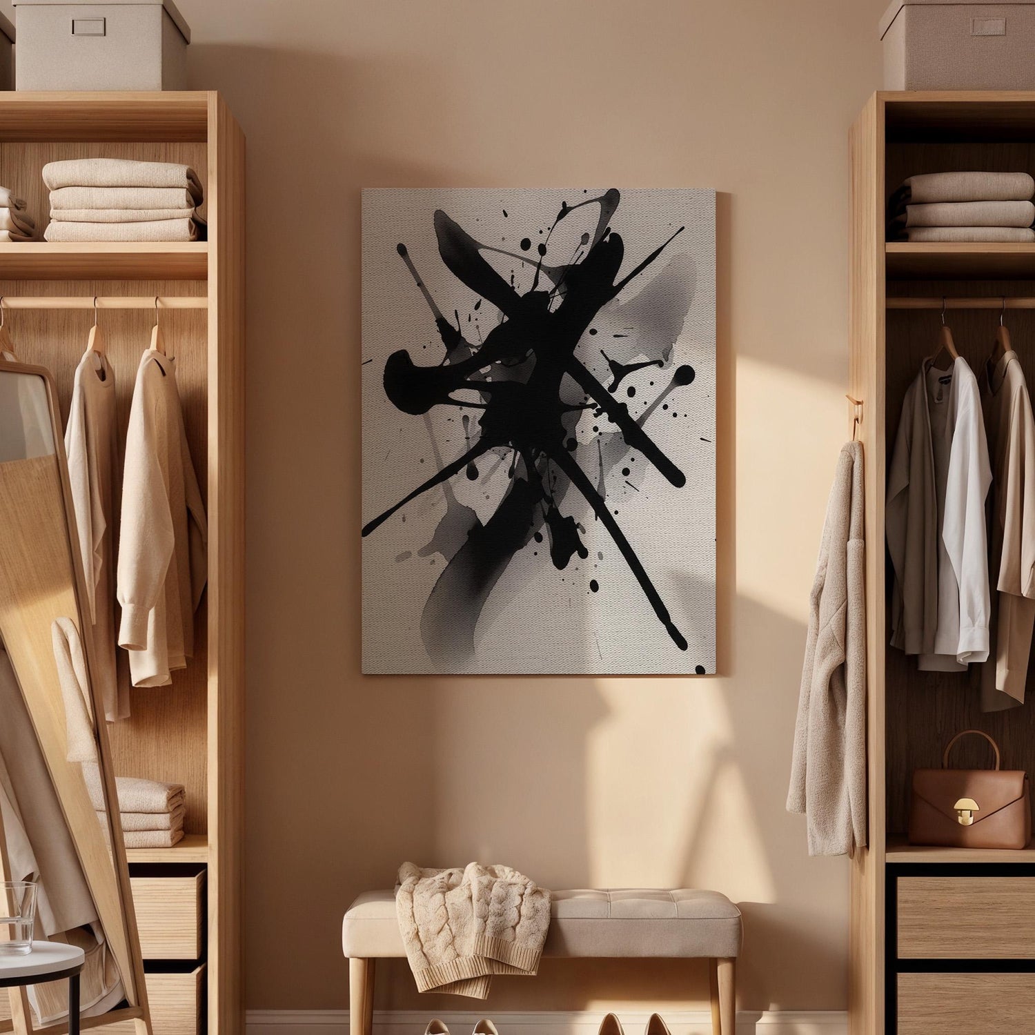 Abstract Ink Splash Canvas Art, Black White Modern Wall Decor, Expressive Minimal Interior Style, Contemporary Framed Canvas Artwork