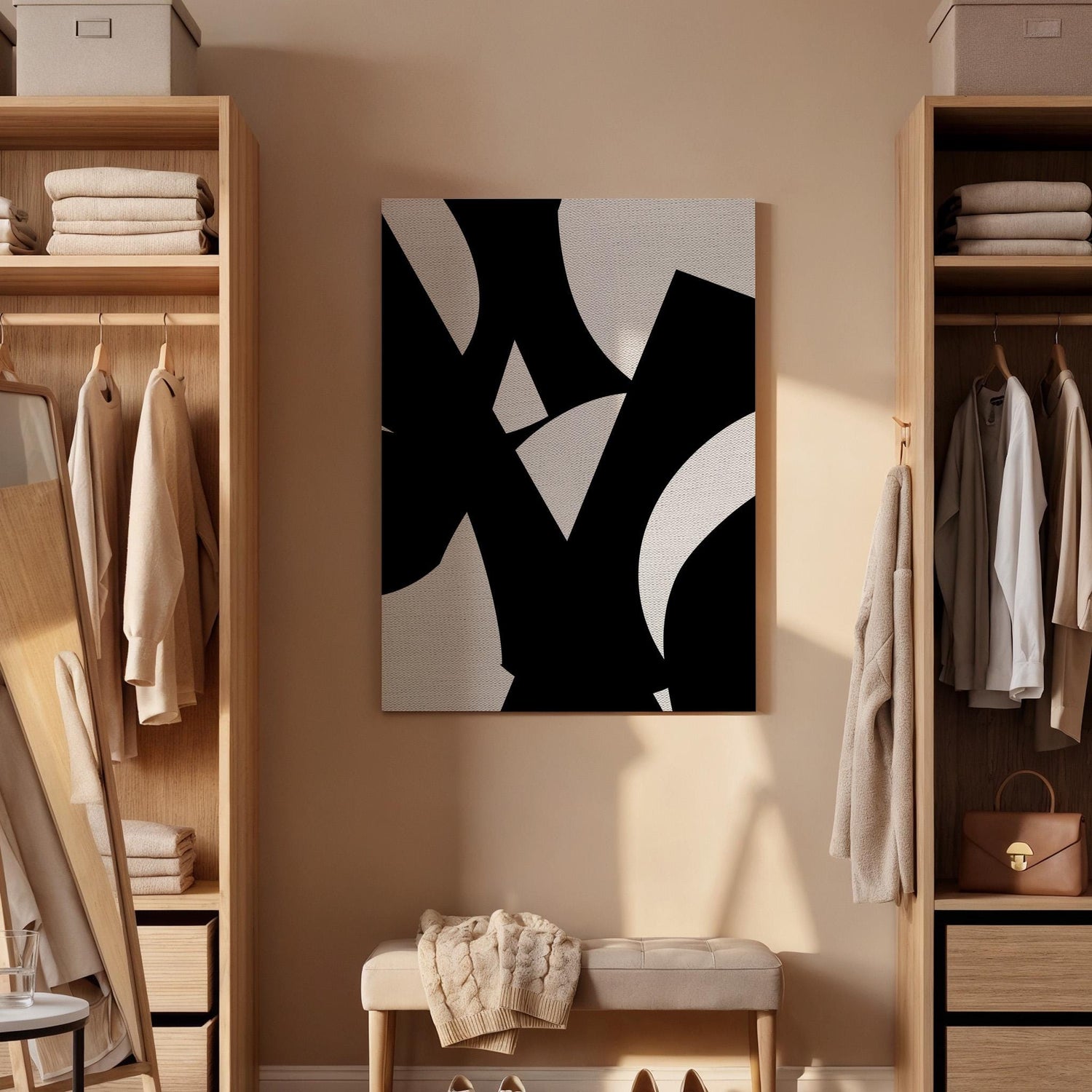 Black Abstract Canvas Art, Bold Minimal Wall Decor, Modern Bedroom Artwork, Contemporary Interior Styling, High Contrast Framed Canvas