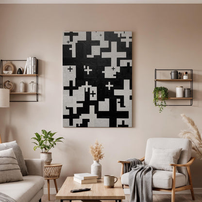 Black Abstract Cross Canvas Art, Modern Geometric Wall Decor with Bold Pattern Design, Minimalist Interior Style, Contemporary Framed Canvas
