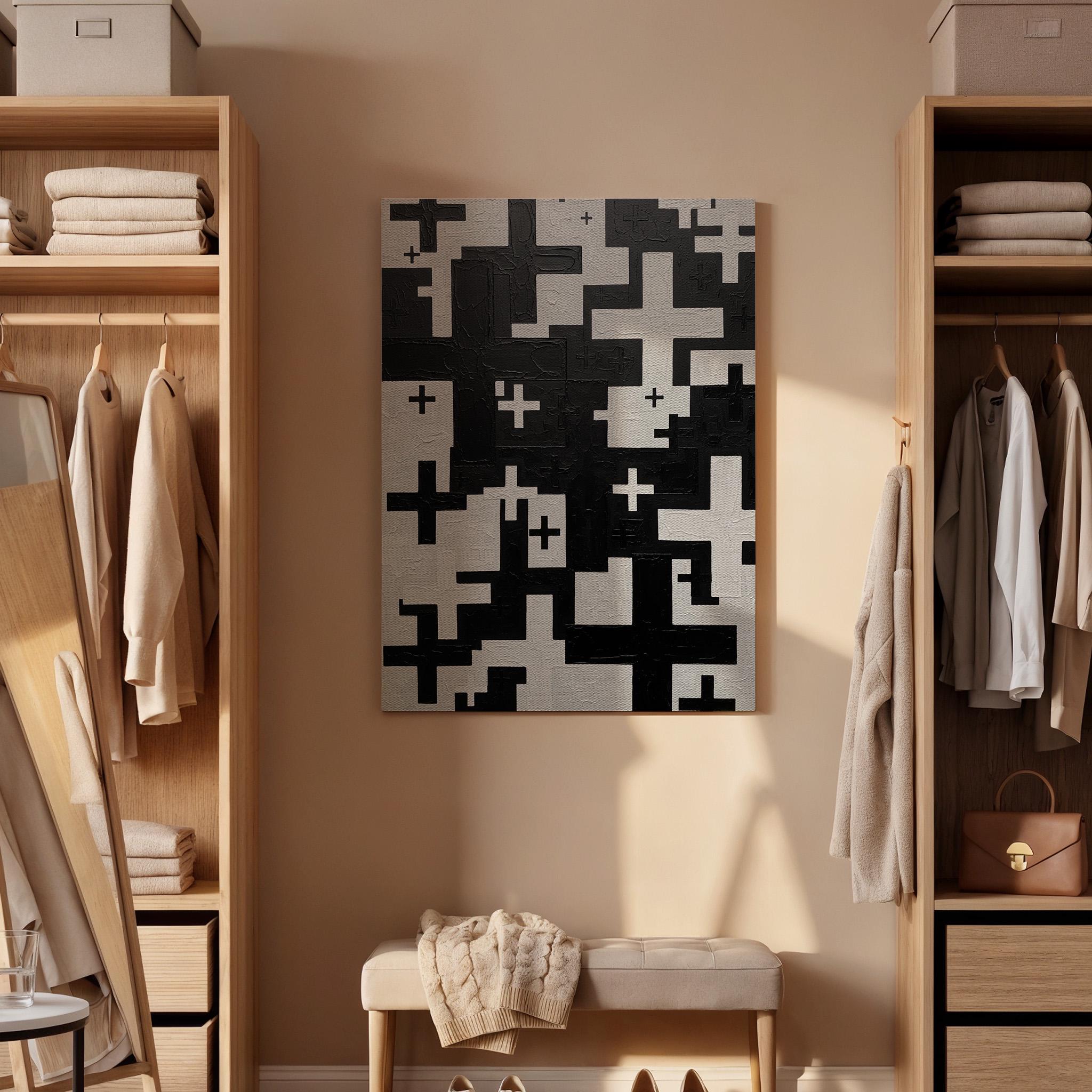 Black Abstract Cross Canvas Art, Modern Geometric Wall Decor with Bold Pattern Design, Minimalist Interior Style, Contemporary Framed Canvas
