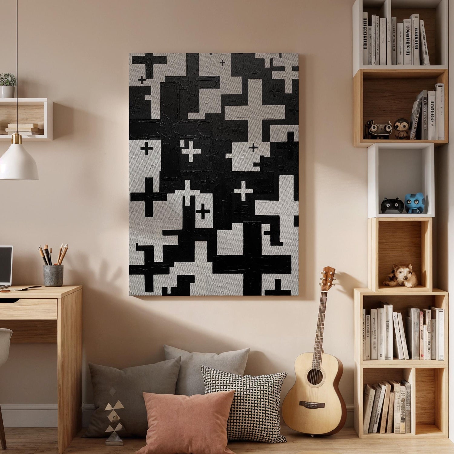 Black Abstract Cross Canvas Art, Modern Geometric Wall Decor with Bold Pattern Design, Minimalist Interior Style, Contemporary Framed Canvas