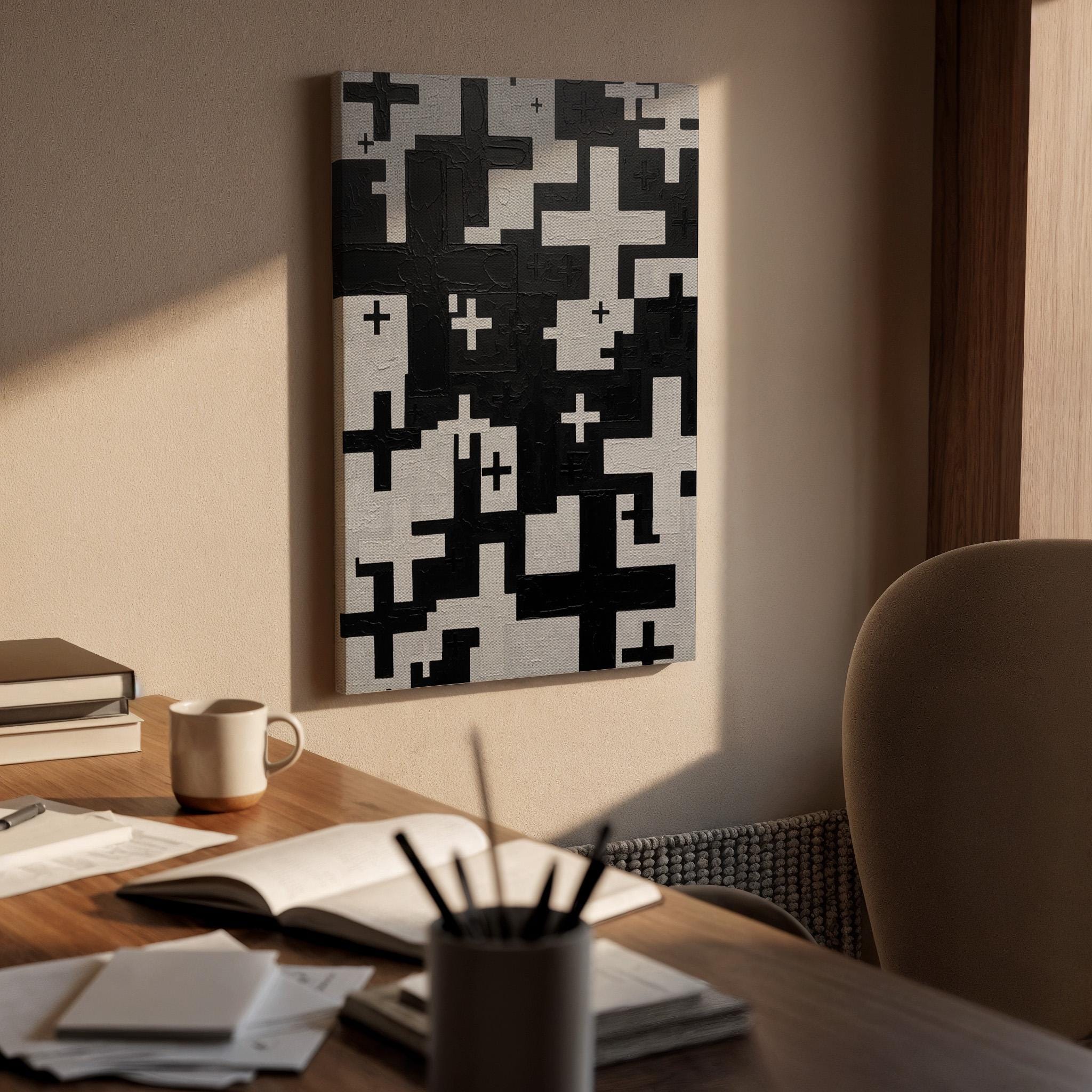 Black Abstract Cross Canvas Art, Modern Geometric Wall Decor with Bold Pattern Design, Minimalist Interior Style, Contemporary Framed Canvas