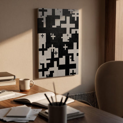 Black Abstract Cross Canvas Art, Modern Geometric Wall Decor with Bold Pattern Design, Minimalist Interior Style, Contemporary Framed Canvas