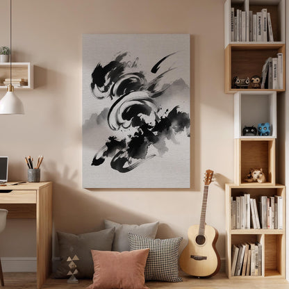 Black Abstract Ink Canvas Art, Expressive Brush Stroke Wall Decor, Modern Minimal Interior Style, Dynamic Monochrome Design, Framed Canvas