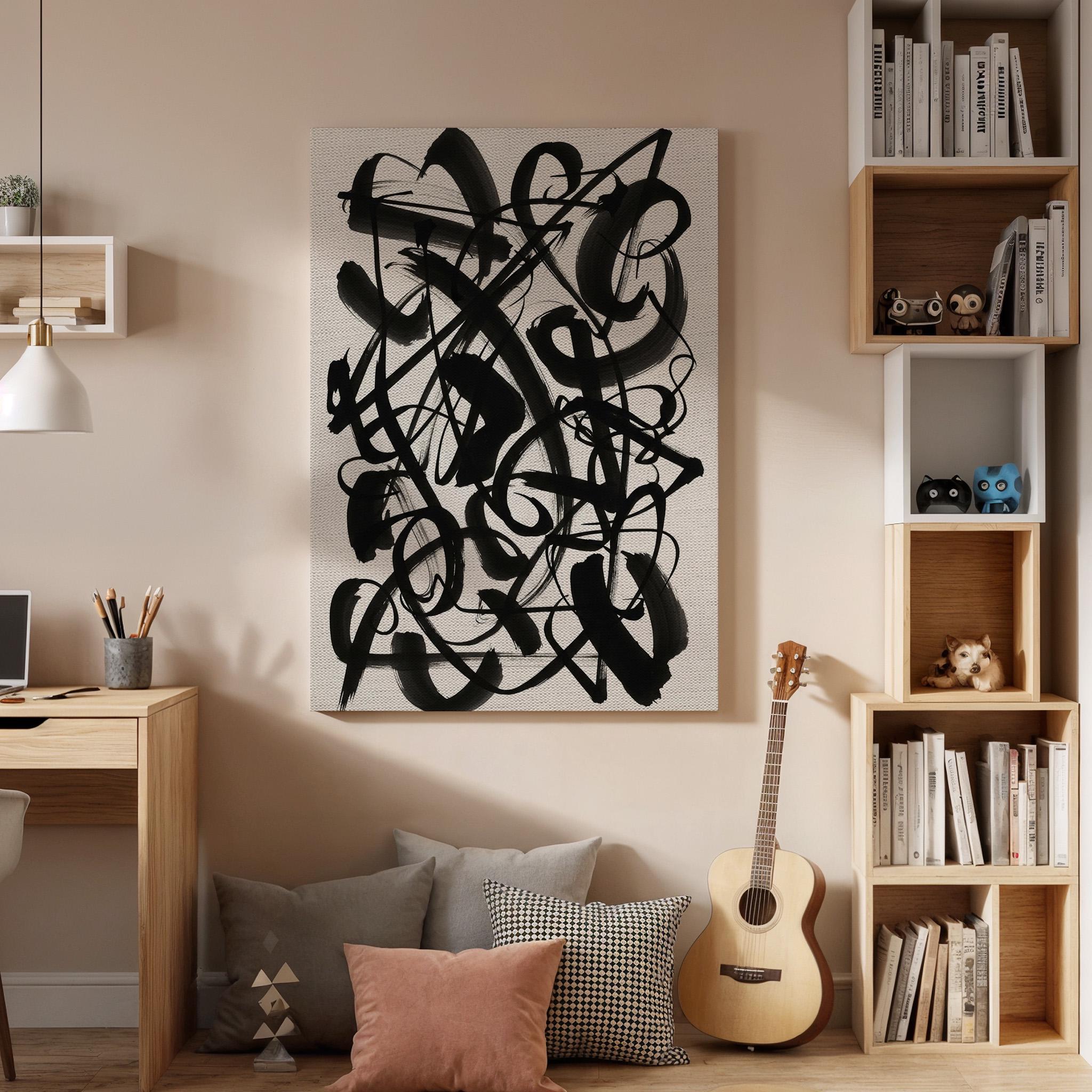 Black Abstract Calligraphy Canvas Art, Expressive Line Wall Decor, Modern Living Room Style, Bold Monochrome Design, Large Framed Canvas