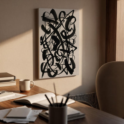 Black Abstract Calligraphy Canvas Art, Expressive Line Wall Decor, Modern Living Room Style, Bold Monochrome Design, Large Framed Canvas