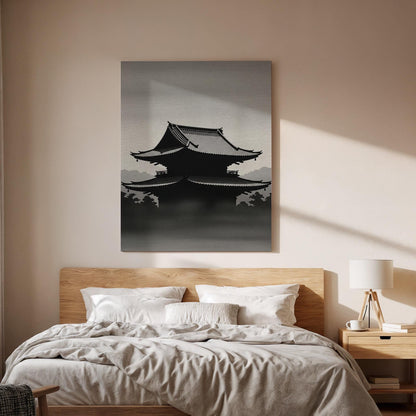 Japanese Temple Silhouette Canvas Art, Zen Inspired Wall Decor, Minimal Asian Landscape Design, Calm Monochrome Style, Framed Canvas Artwork