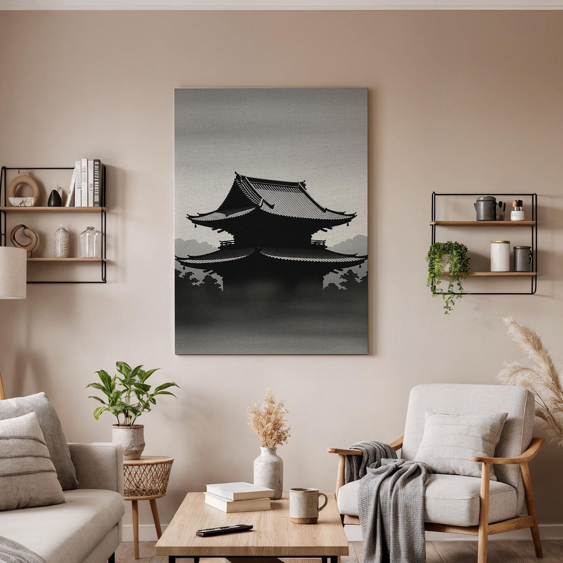 Japanese Temple Silhouette Canvas Art, Zen Inspired Wall Decor, Minimal Asian Landscape Design, Calm Monochrome Style, Framed Canvas Artwork