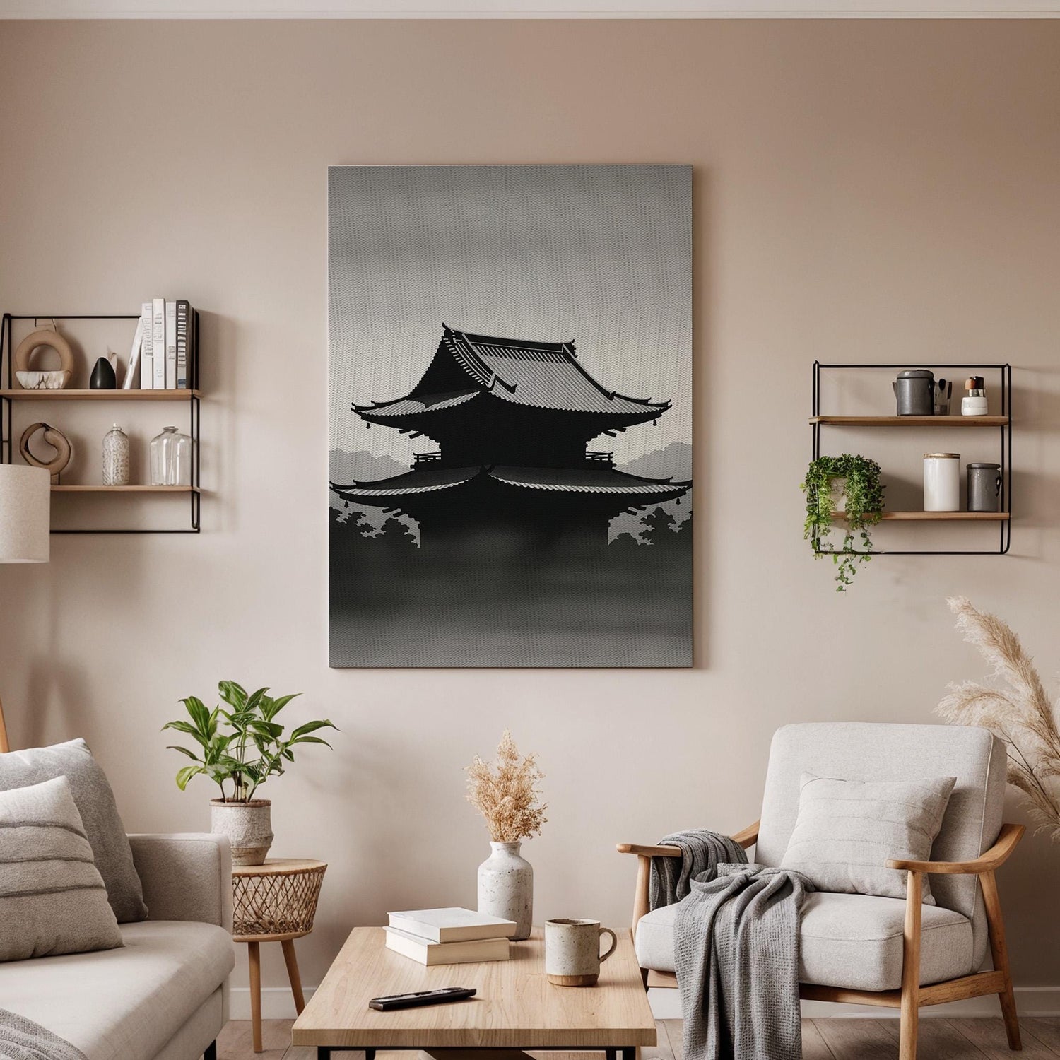 Japanese Temple Silhouette Canvas Art, Zen Inspired Wall Decor, Minimal Asian Landscape Design, Calm Monochrome Style, Framed Canvas Artwork