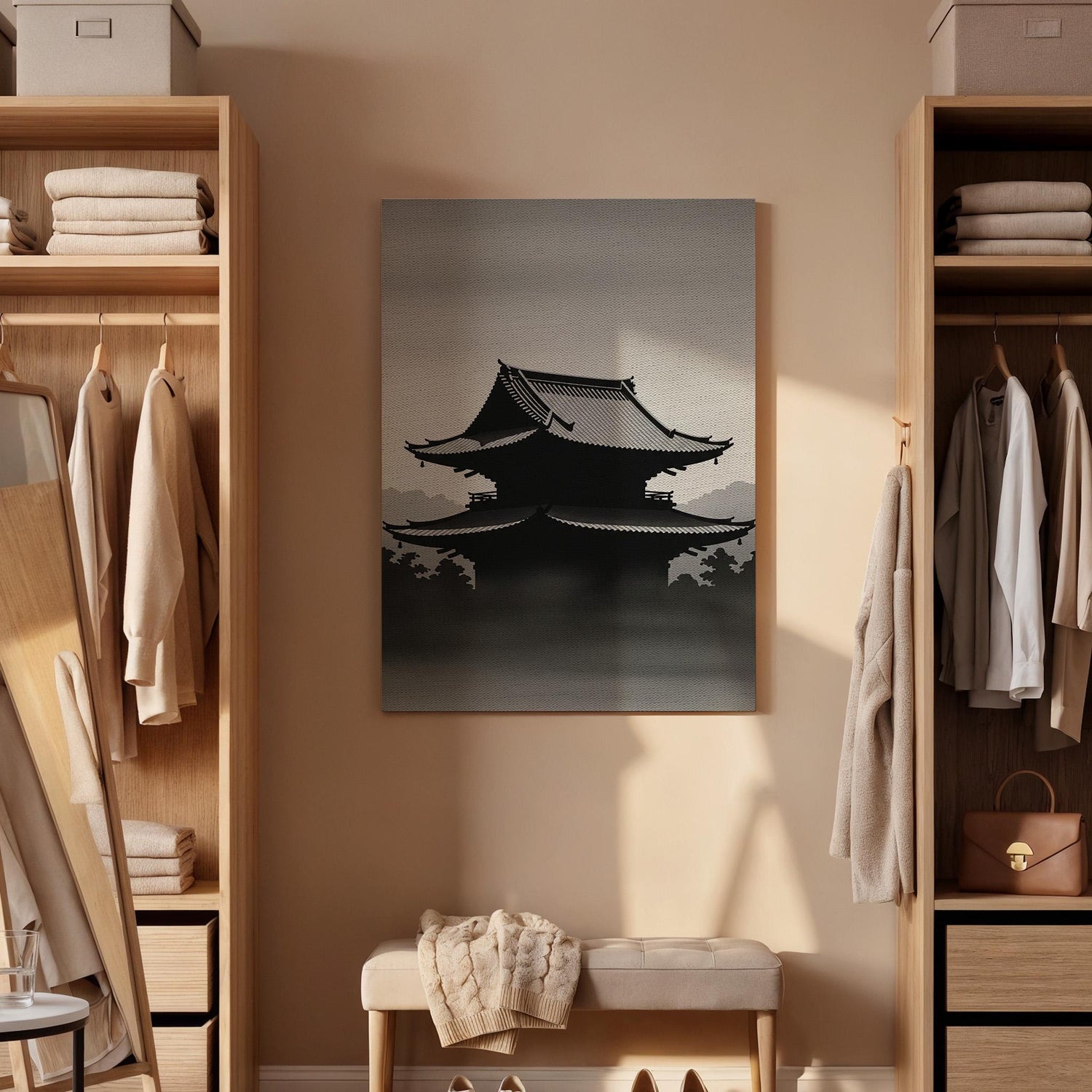 Japanese Temple Silhouette Canvas Art, Zen Inspired Wall Decor, Minimal Asian Landscape Design, Calm Monochrome Style, Framed Canvas Artwork