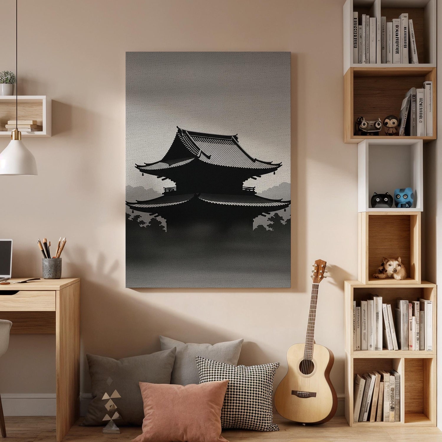 Japanese Temple Silhouette Canvas Art, Zen Inspired Wall Decor, Minimal Asian Landscape Design, Calm Monochrome Style, Framed Canvas Artwork