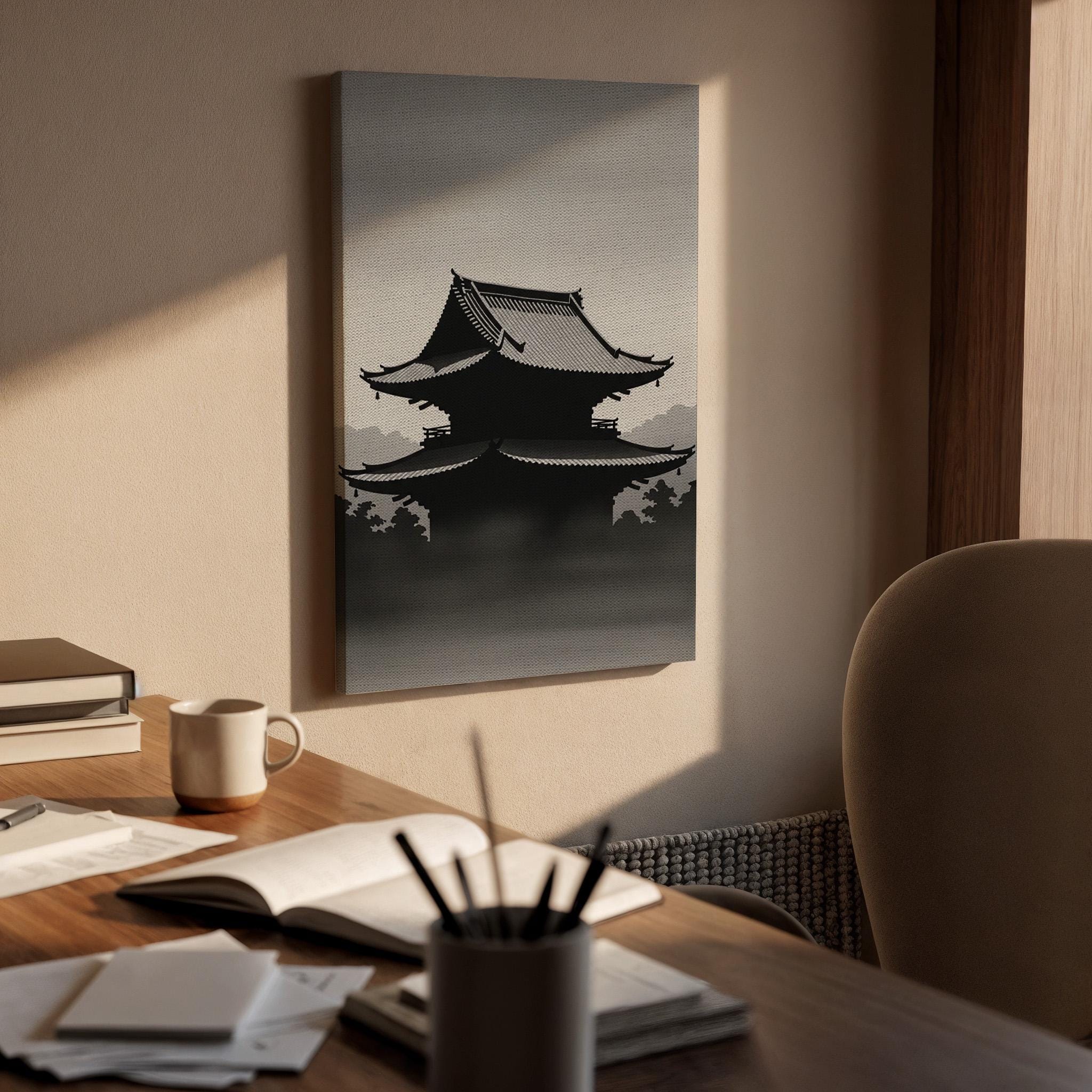 Japanese Temple Silhouette Canvas Art, Zen Inspired Wall Decor, Minimal Asian Landscape Design, Calm Monochrome Style, Framed Canvas Artwork