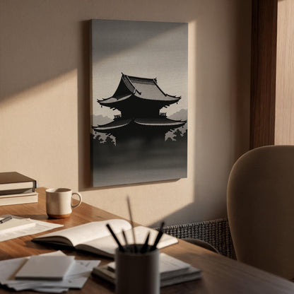 Japanese Temple Silhouette Canvas Art, Zen Inspired Wall Decor, Minimal Asian Landscape Design, Calm Monochrome Style, Framed Canvas Artwork