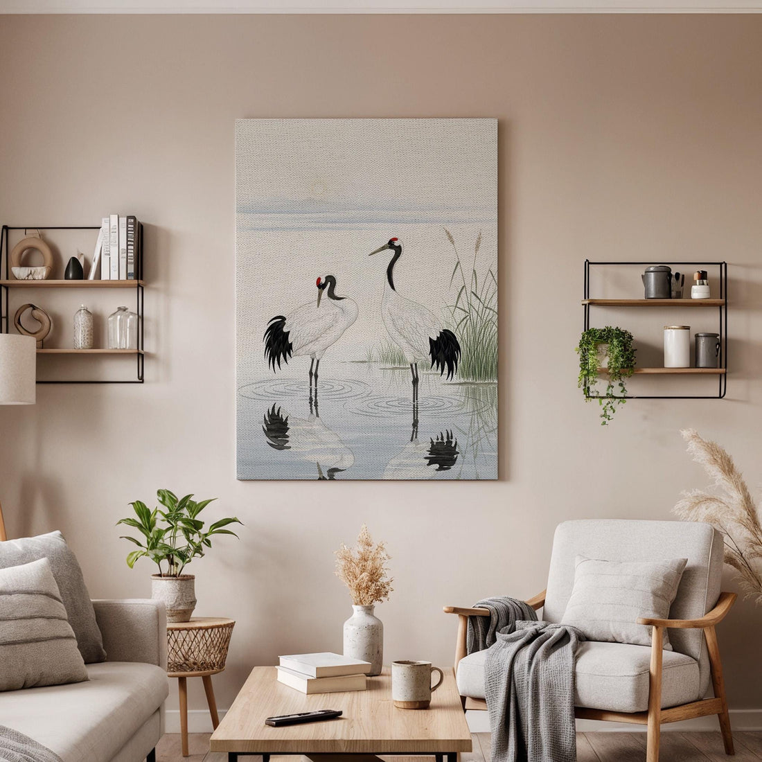 Japanese Crane Canvas Art, Elegant Oriental Bird Illustration, Serene Nature Wall Decor, Zen Inspired Asian Style, Framed Canvas Artwork
