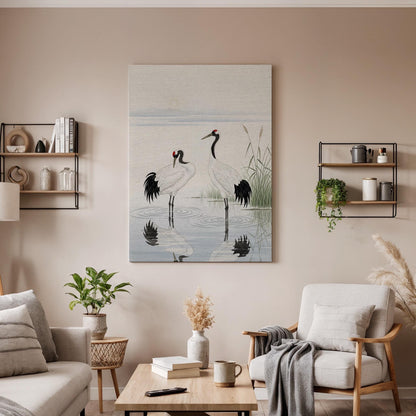 Japanese Crane Canvas Art, Elegant Oriental Bird Illustration, Serene Nature Wall Decor, Zen Inspired Asian Style, Framed Canvas Artwork