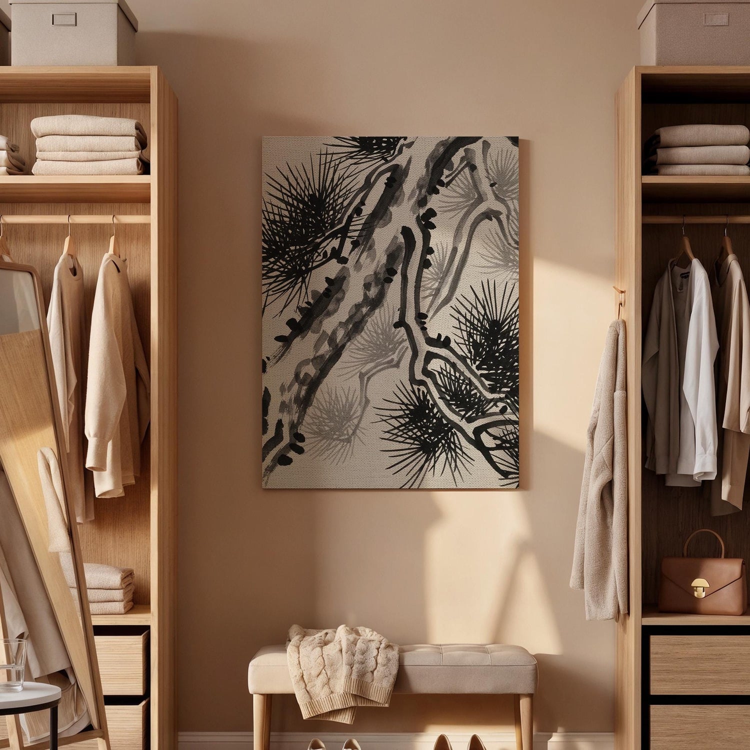 Japanese Ink Pine Tree Canvas Art, Minimal Oriental Nature Illustration, Zen Style Wall Decor, Calm Asian Aesthetic, Framed Canvas Artwork