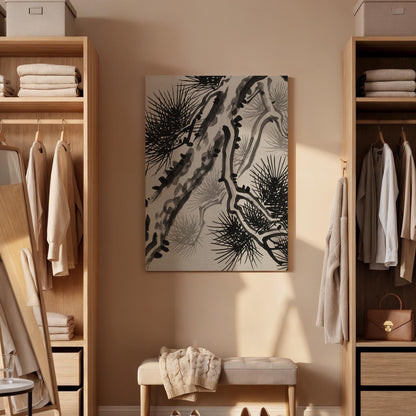 Japanese Ink Pine Tree Canvas Art, Minimal Oriental Nature Illustration, Zen Style Wall Decor, Calm Asian Aesthetic, Framed Canvas Artwork