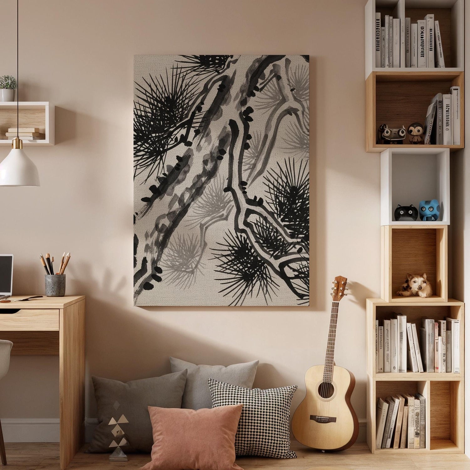 Japanese Ink Pine Tree Canvas Art, Minimal Oriental Nature Illustration, Zen Style Wall Decor, Calm Asian Aesthetic, Framed Canvas Artwork