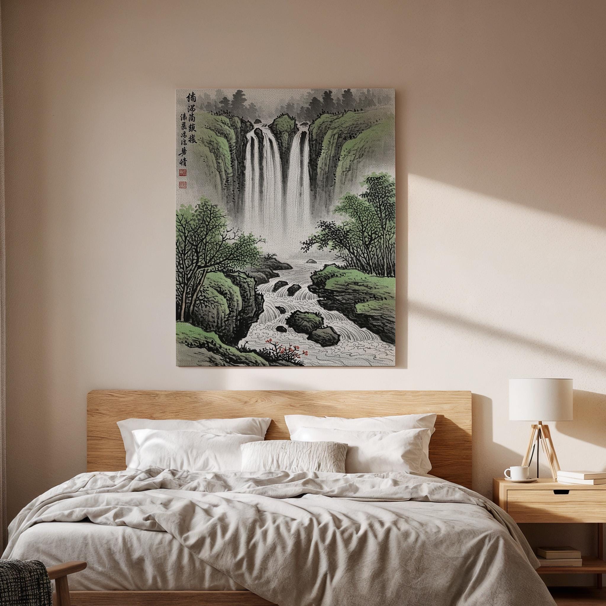 Oriental Waterfall Landscape Canvas Art, Traditional Asian Nature Painting, Serene Mountain River Scene, Zen Wall Decor, Framed Canvas Art
