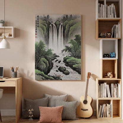 Oriental Waterfall Landscape Canvas Art, Traditional Asian Nature Painting, Serene Mountain River Scene, Zen Wall Decor, Framed Canvas Art