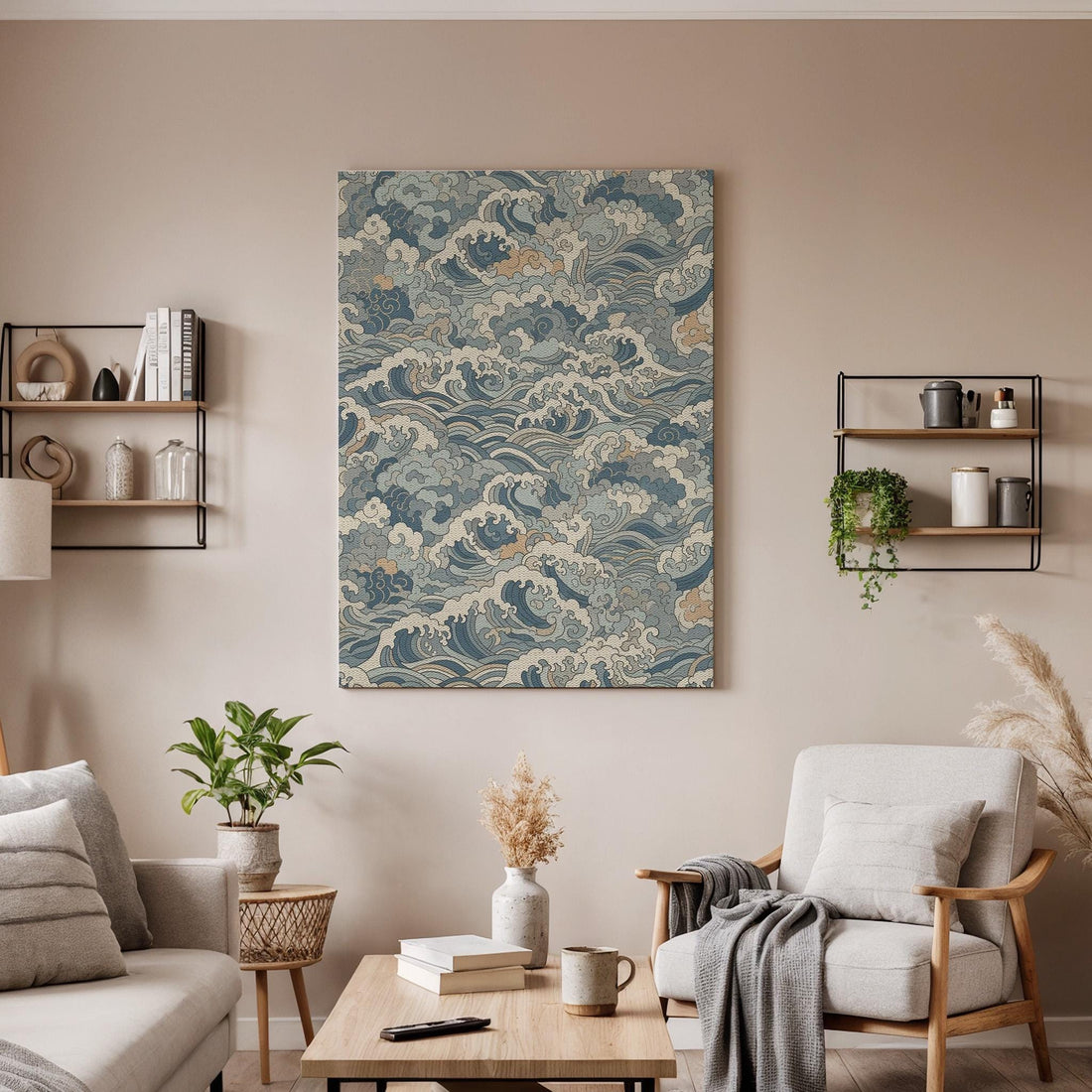 Traditional Japanese Wave Pattern Canvas Art, Oriental Ocean Illustration, Vintage Blue Sea Design, Zen Wall Decor, Framed Canvas Artwork
