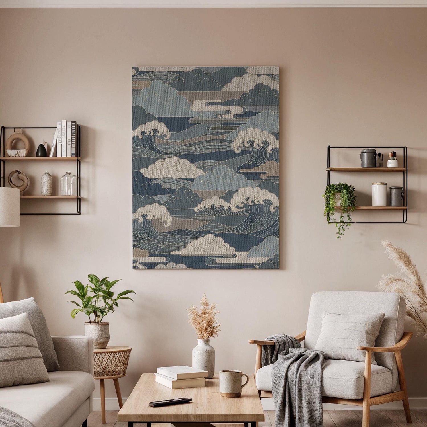 Japanese Wave Pattern Inspired Traditional Art Style, Framed Canvas Wall Artwork for Calm Balanced Modern and Minimal Interior Spaces