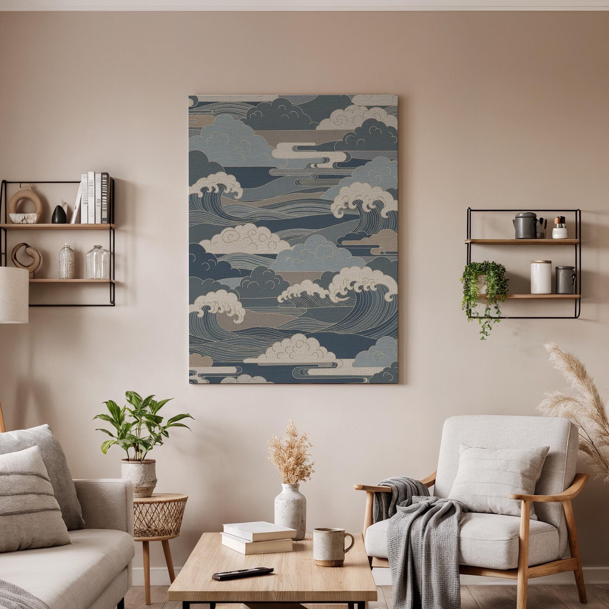 Japanese Wave Pattern Inspired Traditional Art Style, Framed Canvas Wall Artwork for Calm Balanced Modern and Minimal Interior Spaces