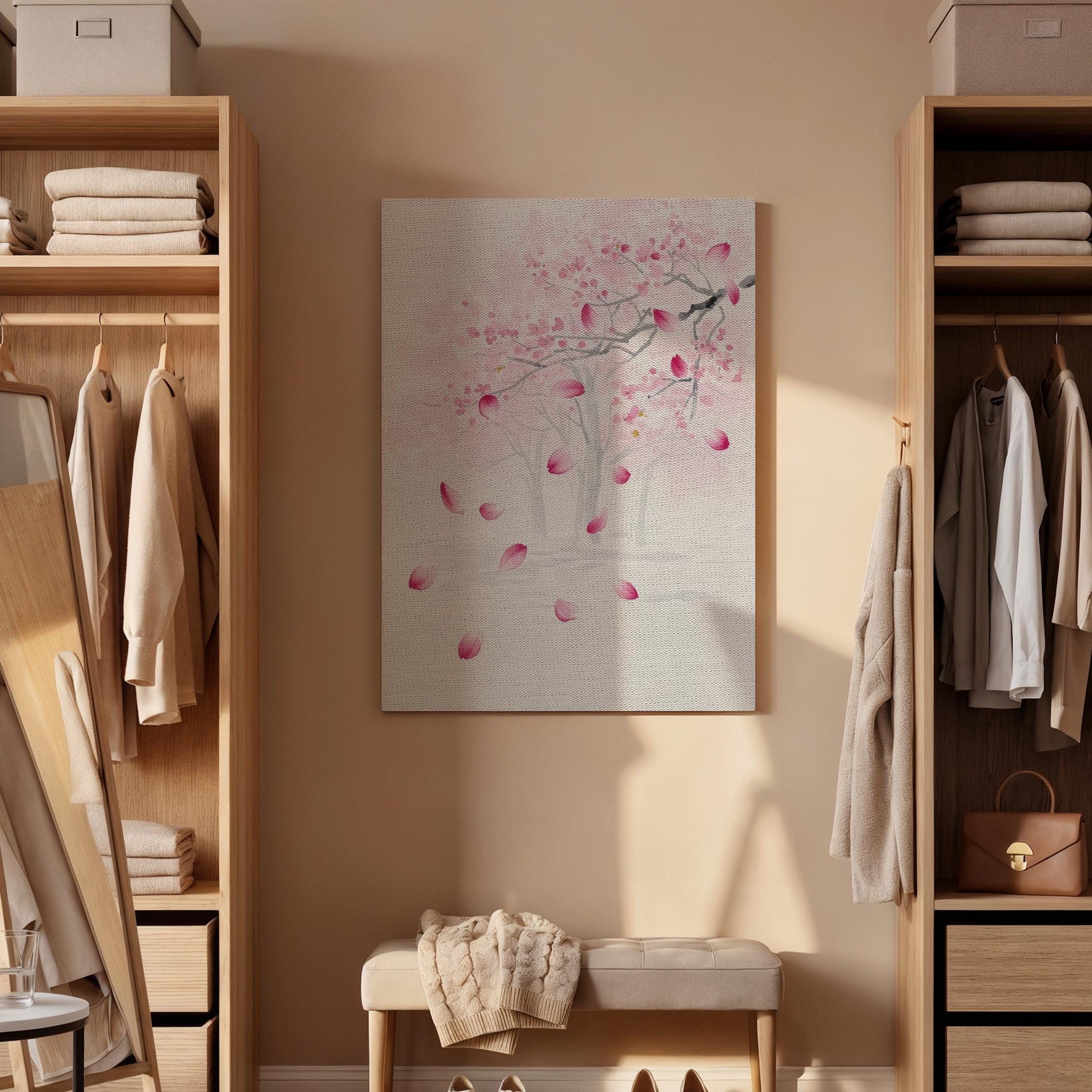 Japanese Cherry Blossom Tree Canvas Art, Soft Pink Sakura Petals Illustration, Minimal Zen Floral Wall Decor, Framed Oriental Artwork