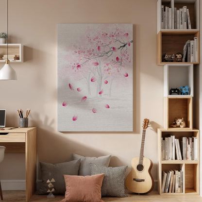 Japanese Cherry Blossom Tree Canvas Art, Soft Pink Sakura Petals Illustration, Minimal Zen Floral Wall Decor, Framed Oriental Artwork