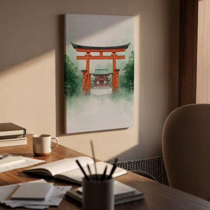 Japanese Torii Gate Temple Canvas Art, Misty Shinto Shrine Illustration, Traditional Zen Landscape Wall Decor, Framed Oriental Artwork