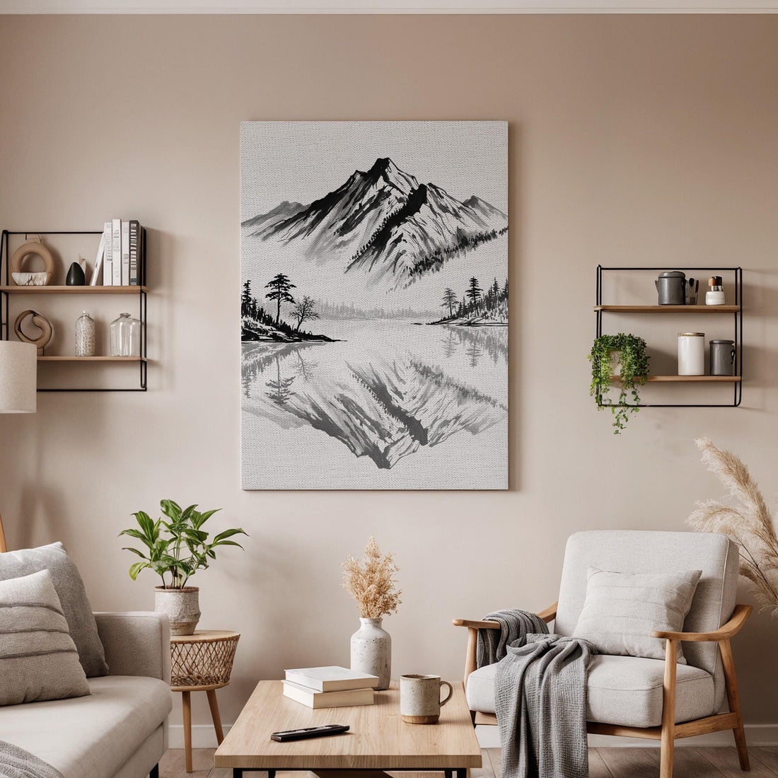Japanese Mountain Lake Canvas Art, Ink Style Landscape Illustration, Zen Nature Wall Decor, Framed Oriental Mountain Artwork, New Home Gift