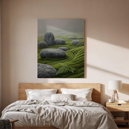 Zen Garden Stone Landscape Canvas Art, Japanese Rock and Moss Illustration, Tranquil Nature Wall Decor, Framed Oriental Zen Artwork