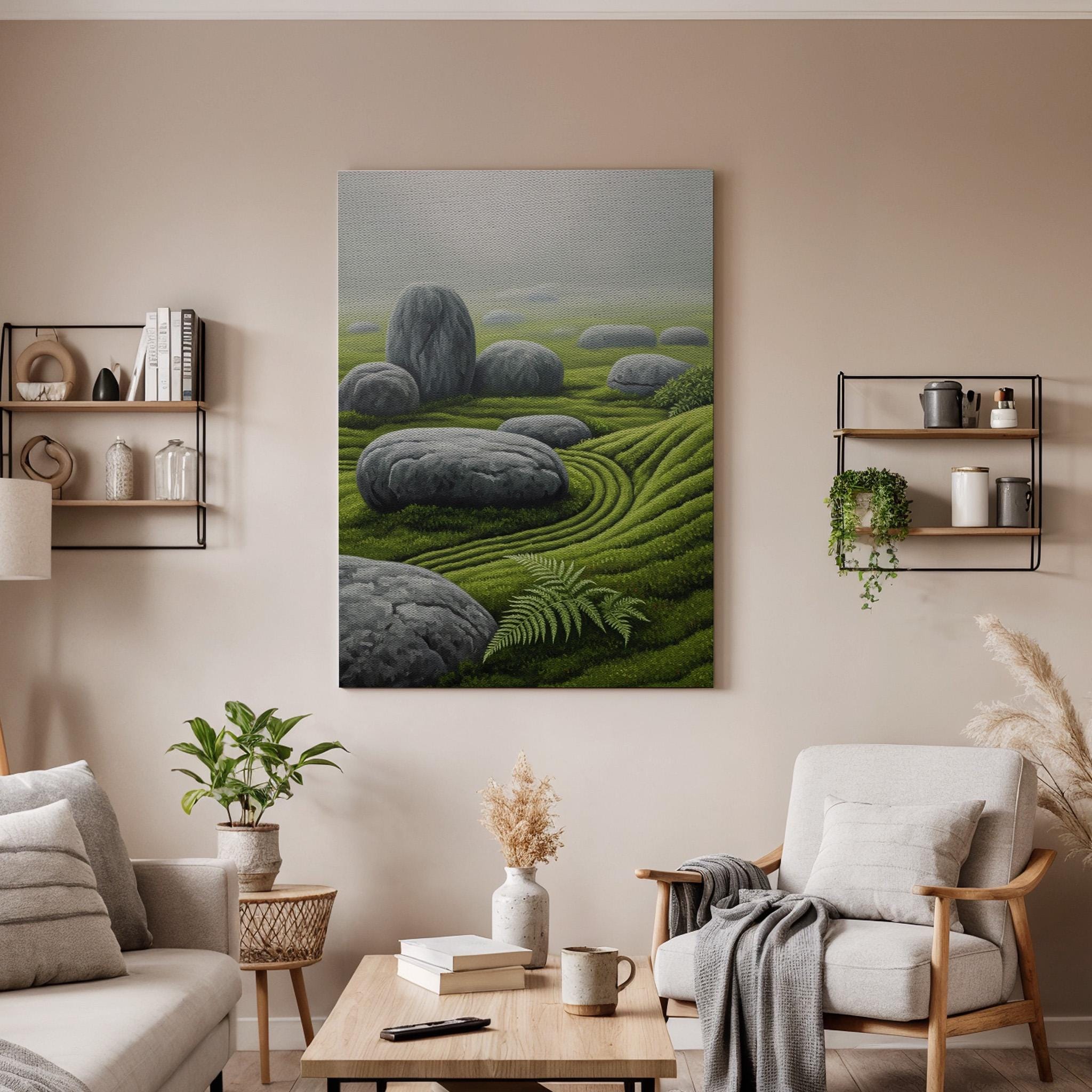 Zen Garden Stone Landscape Canvas Art, Japanese Rock and Moss Illustration, Tranquil Nature Wall Decor, Framed Oriental Zen Artwork