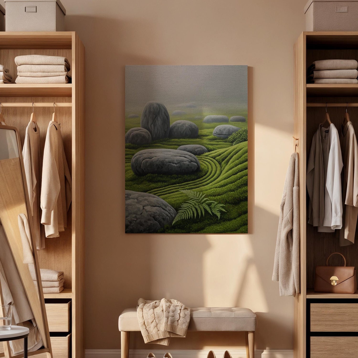 Zen Garden Stone Landscape Canvas Art, Japanese Rock and Moss Illustration, Tranquil Nature Wall Decor, Framed Oriental Zen Artwork