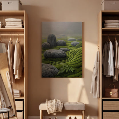 Zen Garden Stone Landscape Canvas Art, Japanese Rock and Moss Illustration, Tranquil Nature Wall Decor, Framed Oriental Zen Artwork