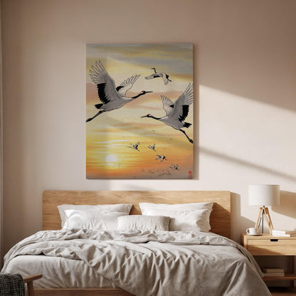 Japanese Crane Sunrise Canvas Art, Flying Cranes Over Golden Sky Illustration, Oriental Nature Wall Decor, Framed Zen Wildlife Artwork
