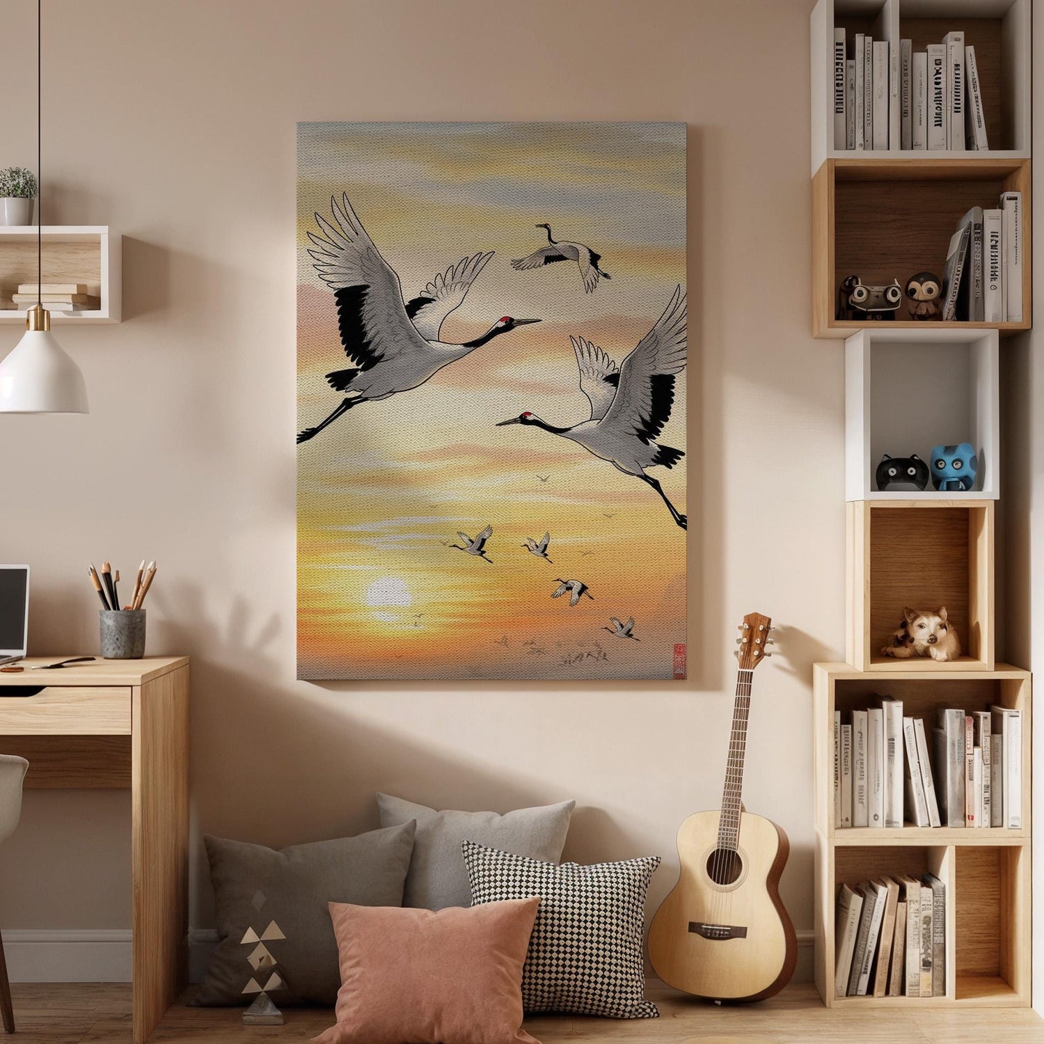 Japanese Crane Sunrise Canvas Art, Flying Cranes Over Golden Sky Illustration, Oriental Nature Wall Decor, Framed Zen Wildlife Artwork