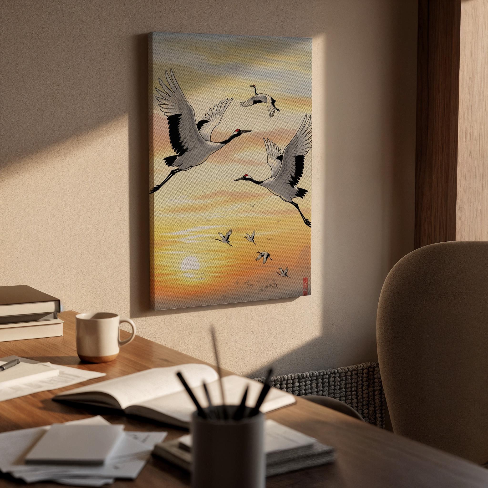 Japanese Crane Sunrise Canvas Art, Flying Cranes Over Golden Sky Illustration, Oriental Nature Wall Decor, Framed Zen Wildlife Artwork