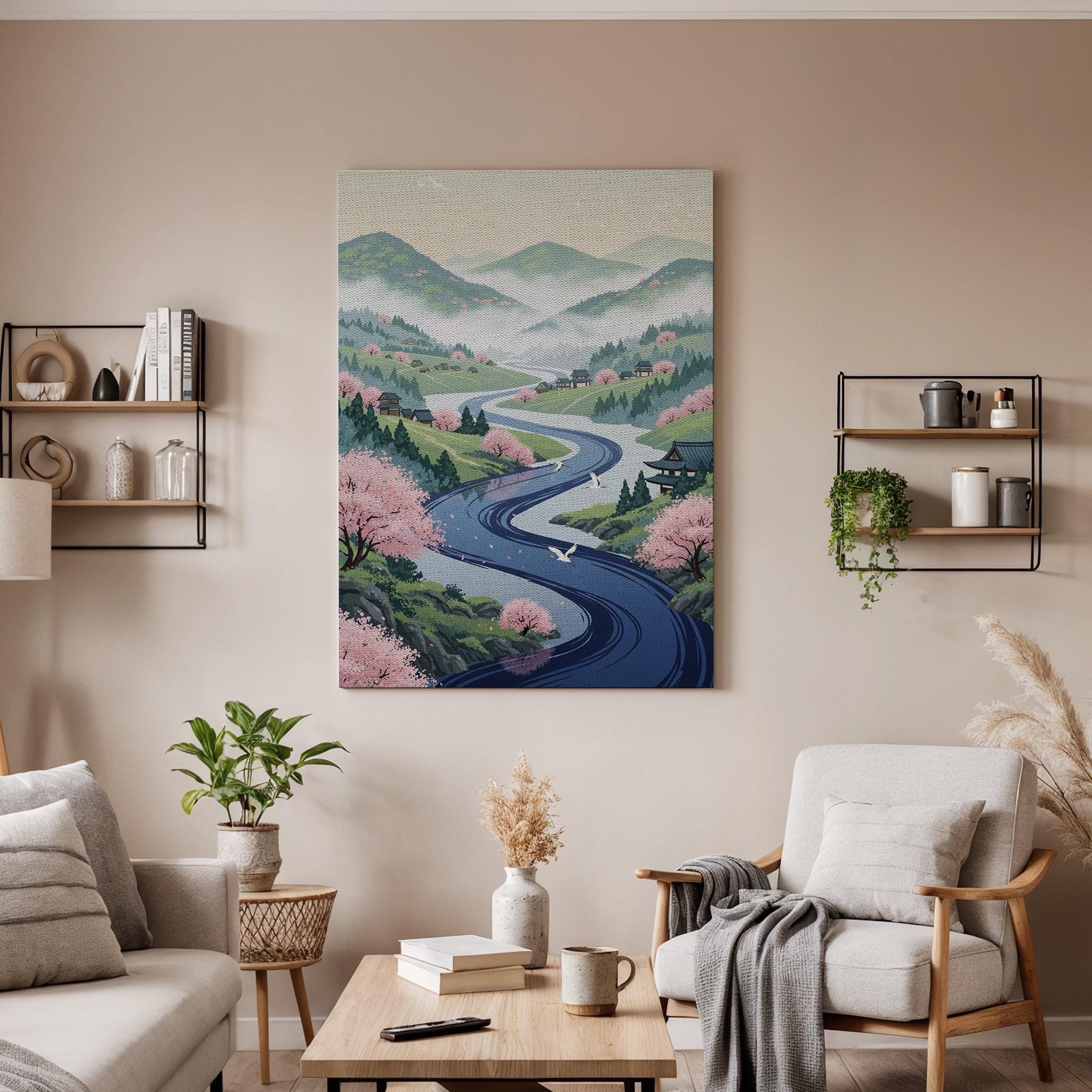 Japanese Spring Landscape Canvas Art, Sakura Valley and Winding River Illustration, Oriental Nature Wall Decor, Framed Zen Scenery Artwork