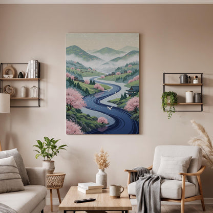 Japanese Spring Landscape Canvas Art, Sakura Valley and Winding River Illustration, Oriental Nature Wall Decor, Framed Zen Scenery Artwork