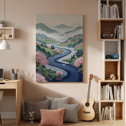 Japanese Spring Landscape Canvas Art, Sakura Valley and Winding River Illustration, Oriental Nature Wall Decor, Framed Zen Scenery Artwork