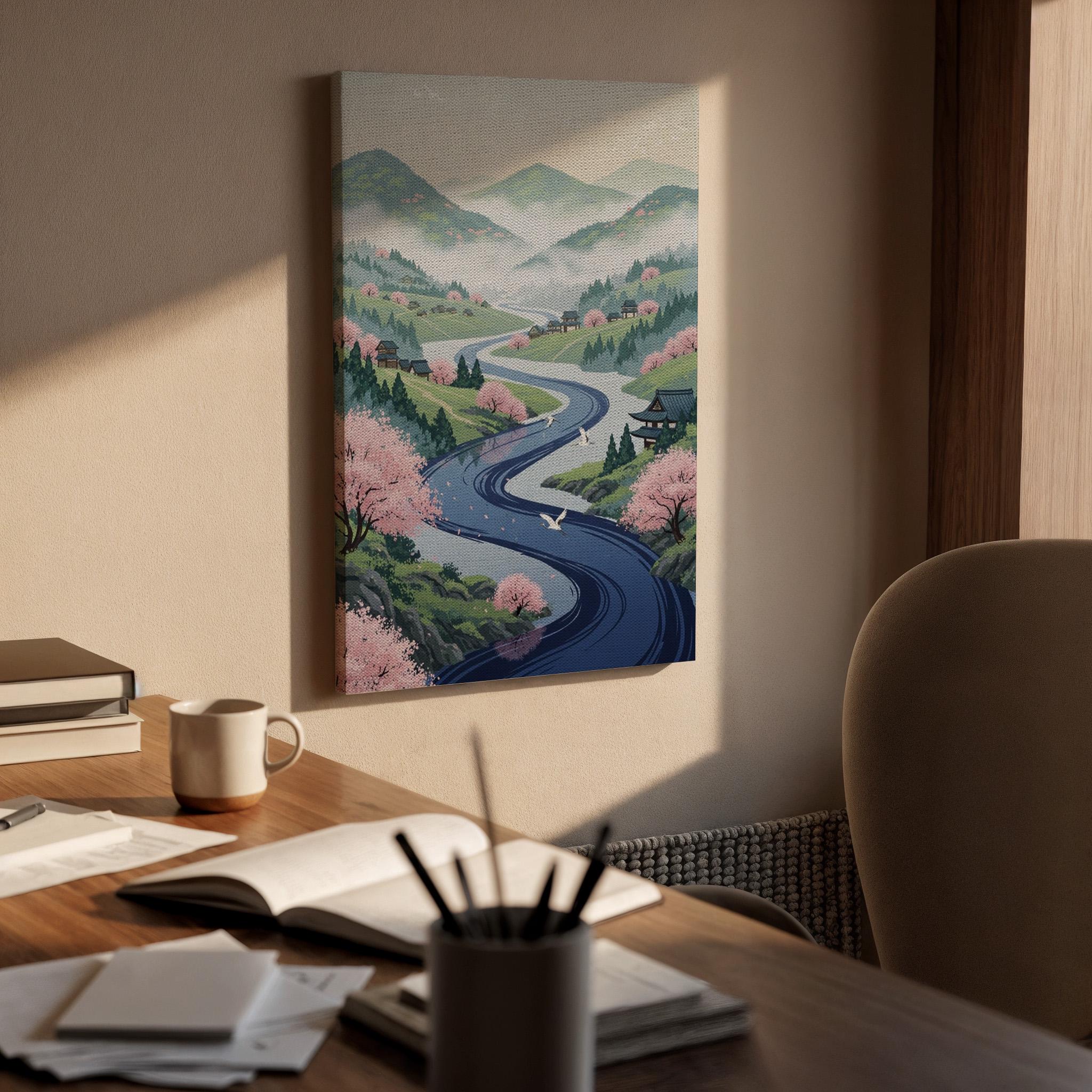 Japanese Spring Landscape Canvas Art, Sakura Valley and Winding River Illustration, Oriental Nature Wall Decor, Framed Zen Scenery Artwork