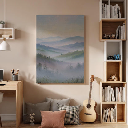 Misty Mountain Landscape Canvas Art, Soft Foggy Hills Forest Scenery Illustration, Oriental Nature Wall Decor, Framed Zen Landscape Artwork