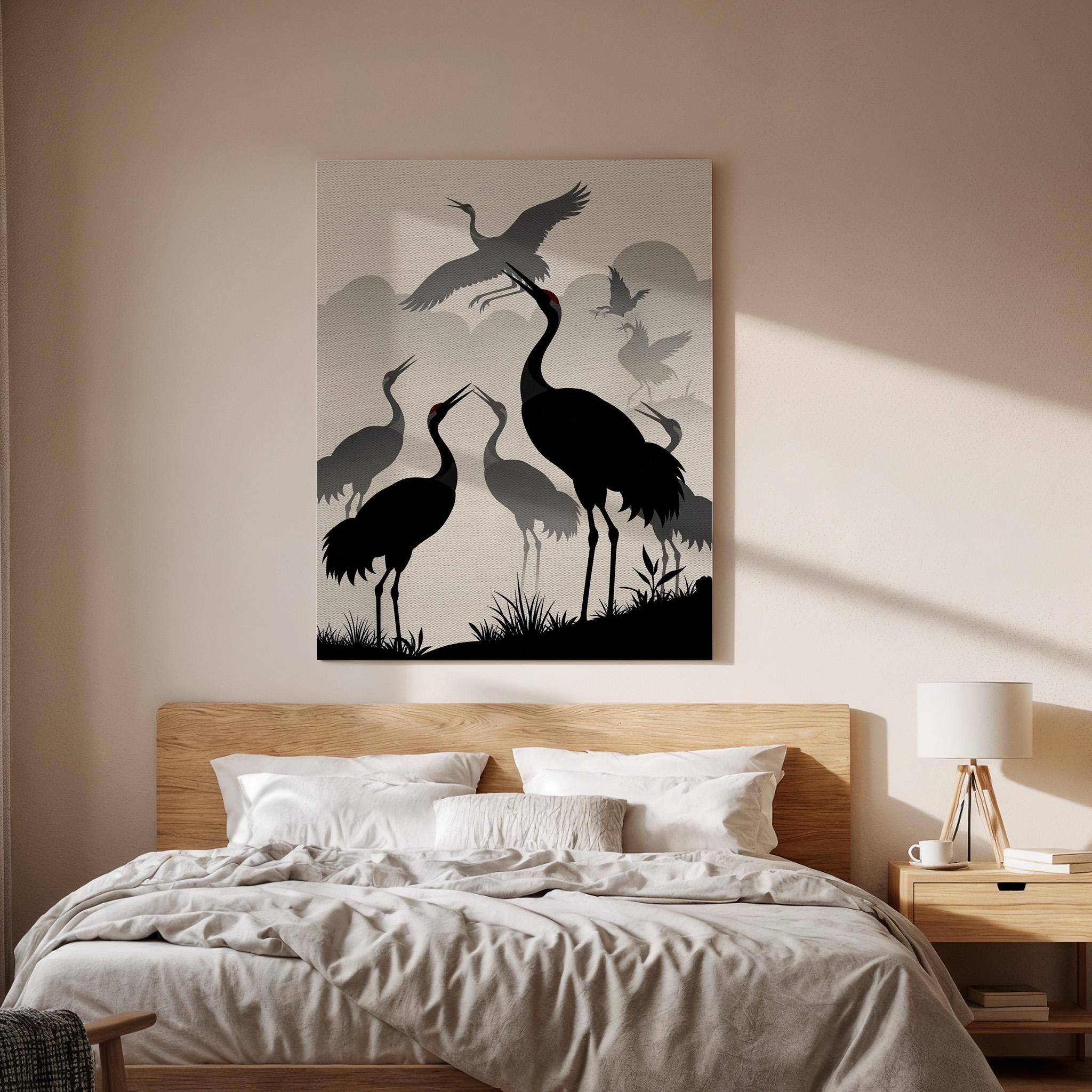 Japanese Crane Silhouette Canvas Art, Framed Oriental Bird Scene with Flying Cranes and Misty Background, Zen Inspired Wall Decor, Home Gift