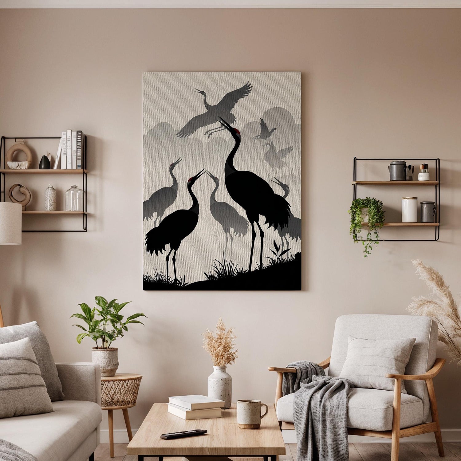 Japanese Crane Silhouette Canvas Art, Framed Oriental Bird Scene with Flying Cranes and Misty Background, Zen Inspired Wall Decor, Home Gift