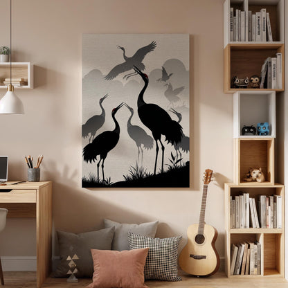 Japanese Crane Silhouette Canvas Art, Framed Oriental Bird Scene with Flying Cranes and Misty Background, Zen Inspired Wall Decor, Home Gift