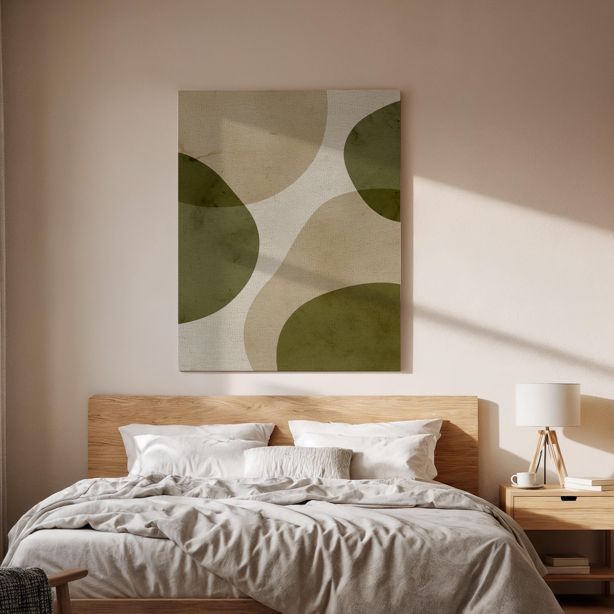 Abstract Organic Shape Canvas Art, Framed Minimalist Green and Beige Wall Decor with Soft Curves, Modern Zen Inspired Interior Artwork