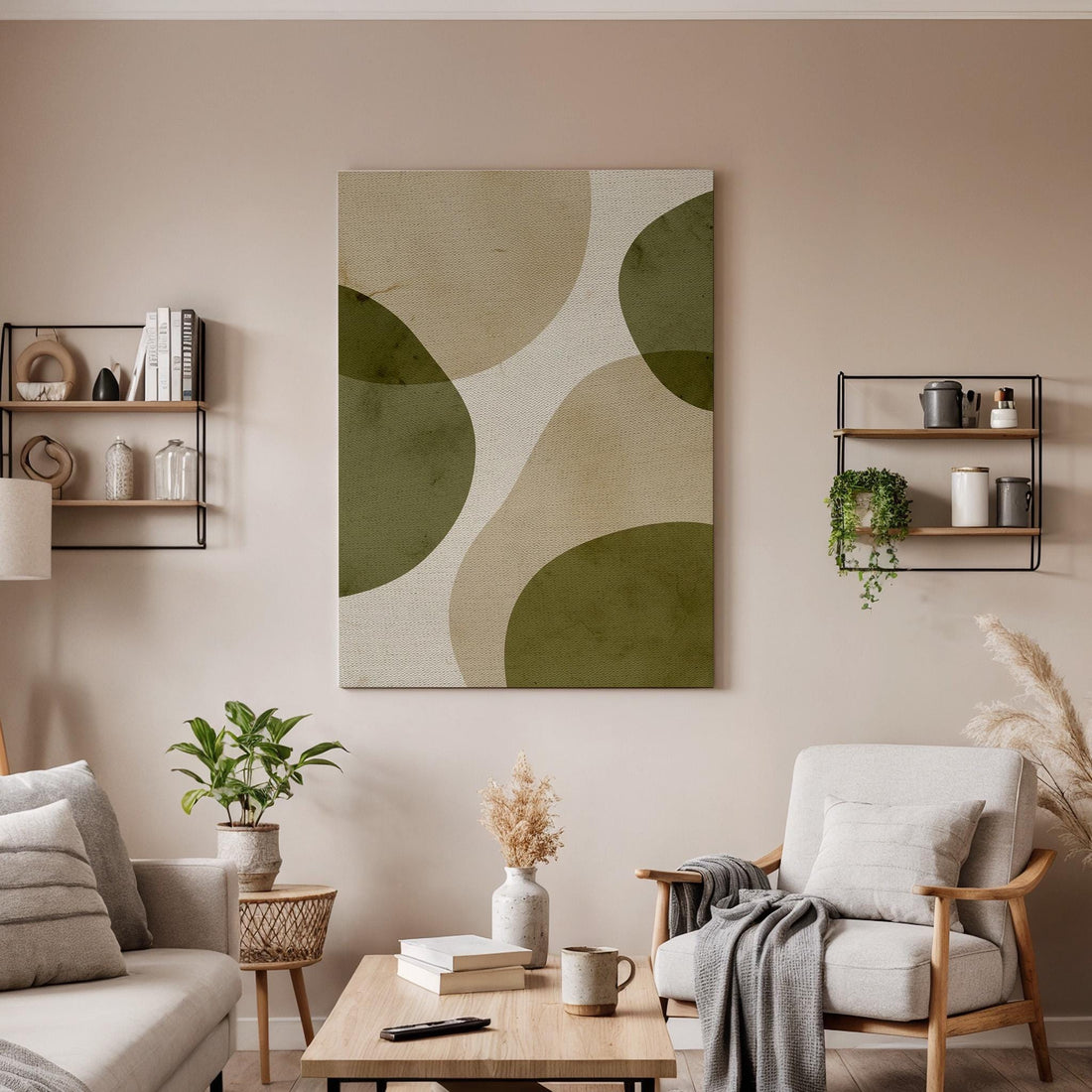 Abstract Organic Shape Canvas Art, Framed Minimalist Green and Beige Wall Decor with Soft Curves, Modern Zen Inspired Interior Artwork