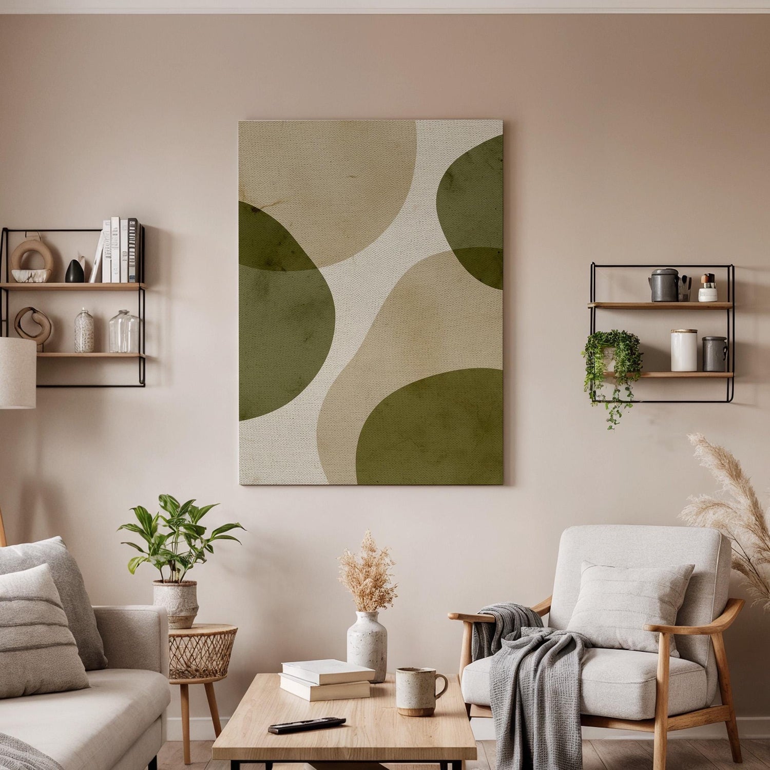 Abstract Organic Shape Canvas Art, Framed Minimalist Green and Beige Wall Decor with Soft Curves, Modern Zen Inspired Interior Artwork